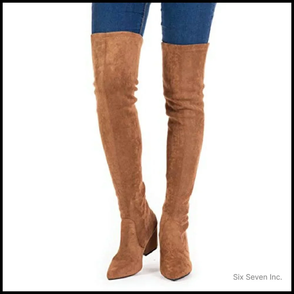 Thigh High Block Heel Boots Pointed Toe Stretch Over The Knee Elegant